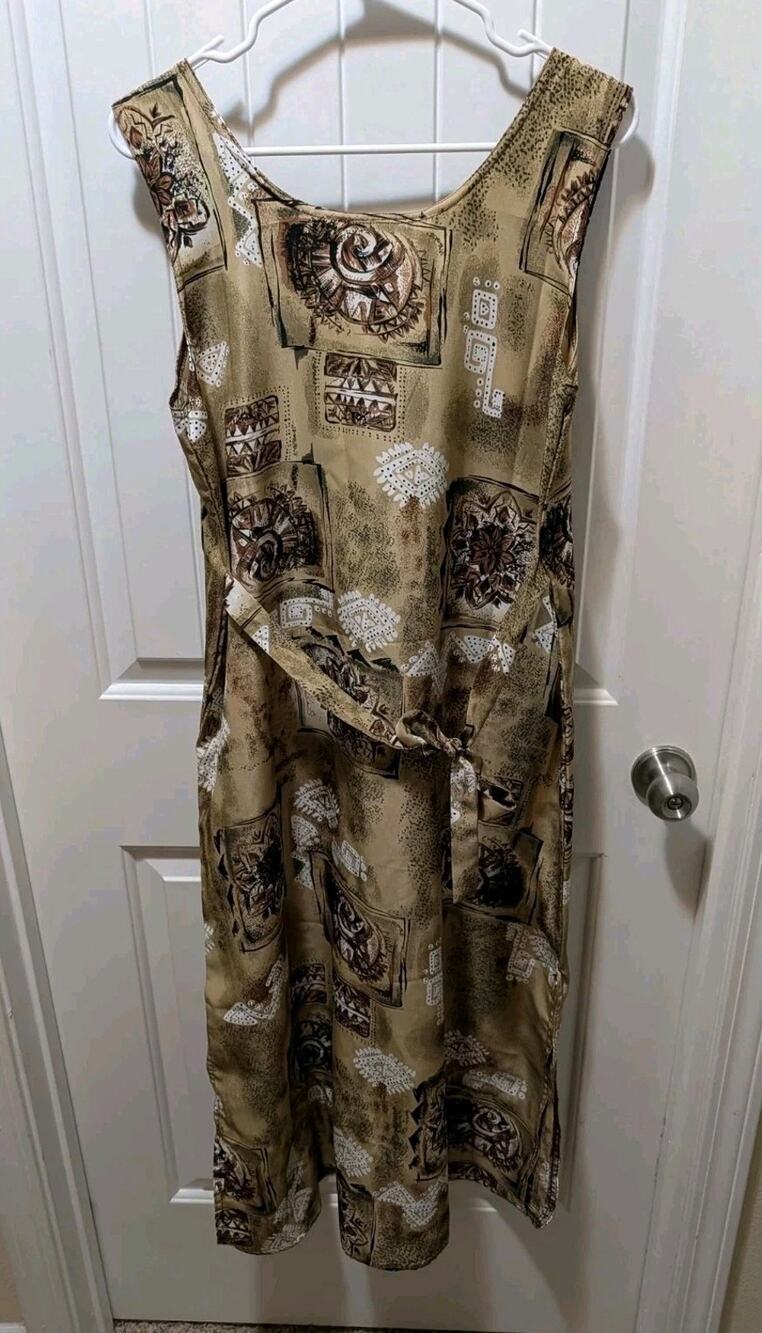 NEW Looking Good Boho Sleeveless Midi Dress Side Slit Tan Tribal Print Size M